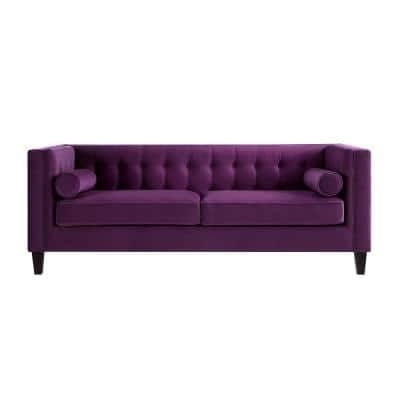 Inspired Home Miah 34 in. Purple Velvet 3-Seater Tuxedo Sofa with Removable Cushions