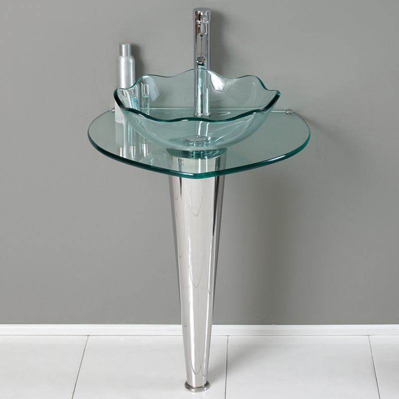 Ivy Bronx Karukin 26'' Tall Clear/Chrome Circular Pedestal Bathroom Sink
