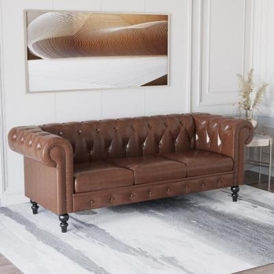 J&E Home 83.46 in. Width Brown Roll Arm Faux Leather Chesterfield Straight Deep Button Tufted 3-Seater Sofa