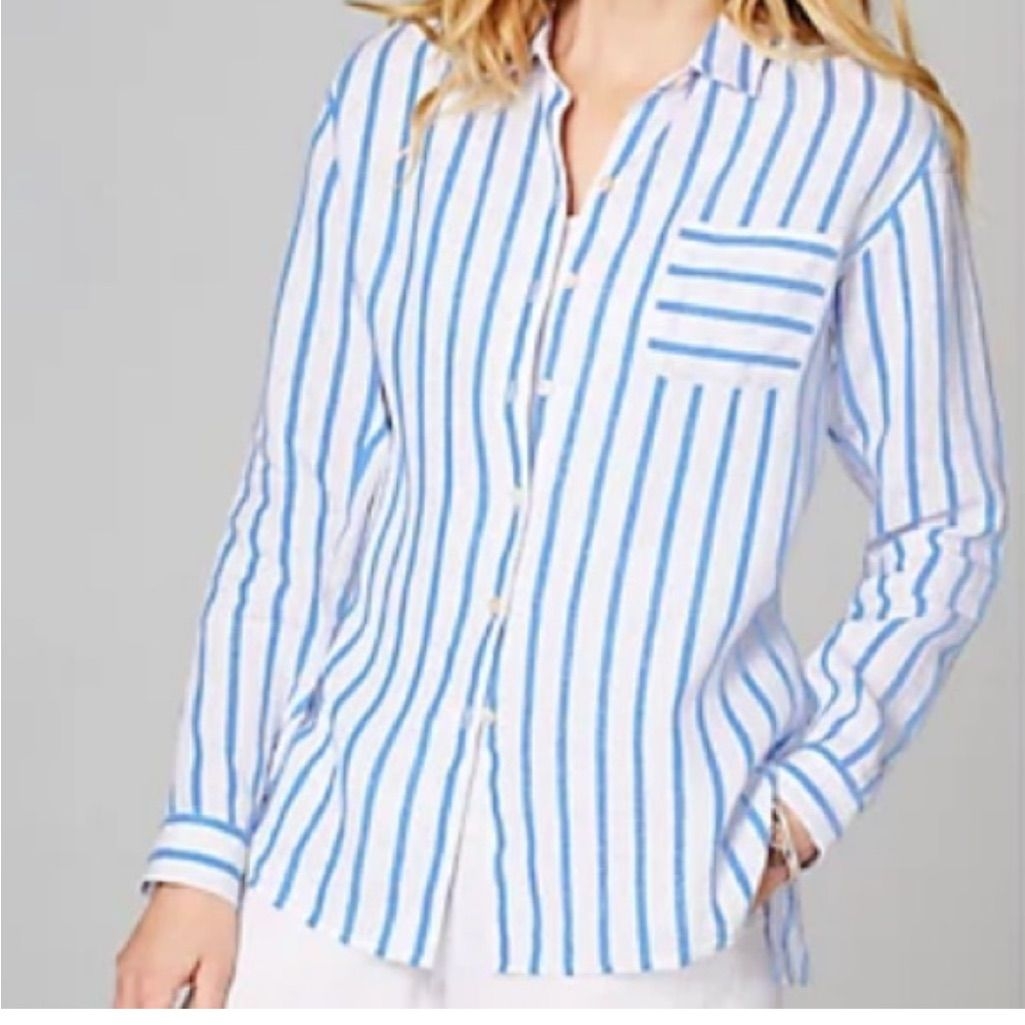 J. Jill Love Linen Size Xs Petite Blue White Button Up Shirt | Color: Blue/White | Size: Xsp