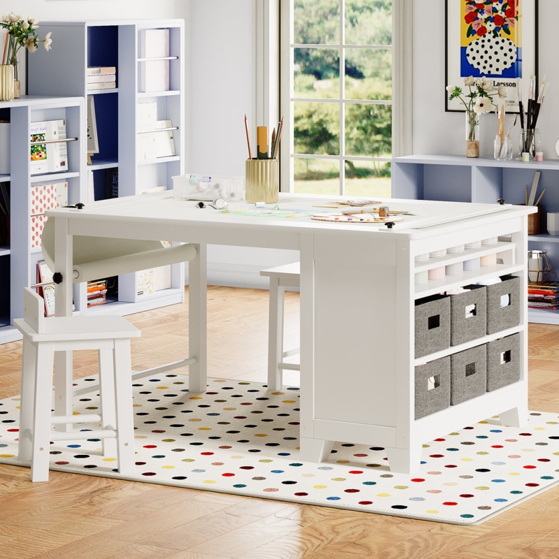 Jalill Wooden Kids Art Table and Chair Set,with Two Chairs, Storage Shelves, Canvas Bins,Paper Roll