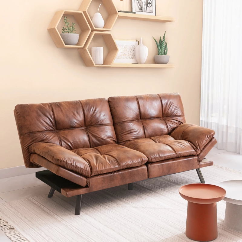 Jaykob 71 Inch Convertible Leather Futon Sofa Bed with Adjustbale Arms
