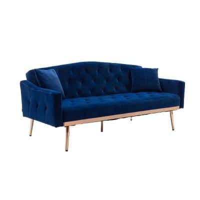 Kahomvis 65.3 in. Navy Velvet Fabric Upholstered 2-Seater Loveseat with Metal Feet and Pillows, Tufted Adjustable Back Sofa Bed, Blue
