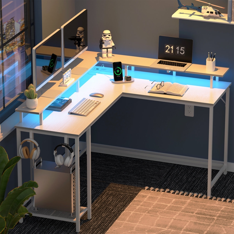 Kamai 54" L Shaped Computer Desk for Home Office Gaming Desk with LED Built-in Outlets with Storage Shelf