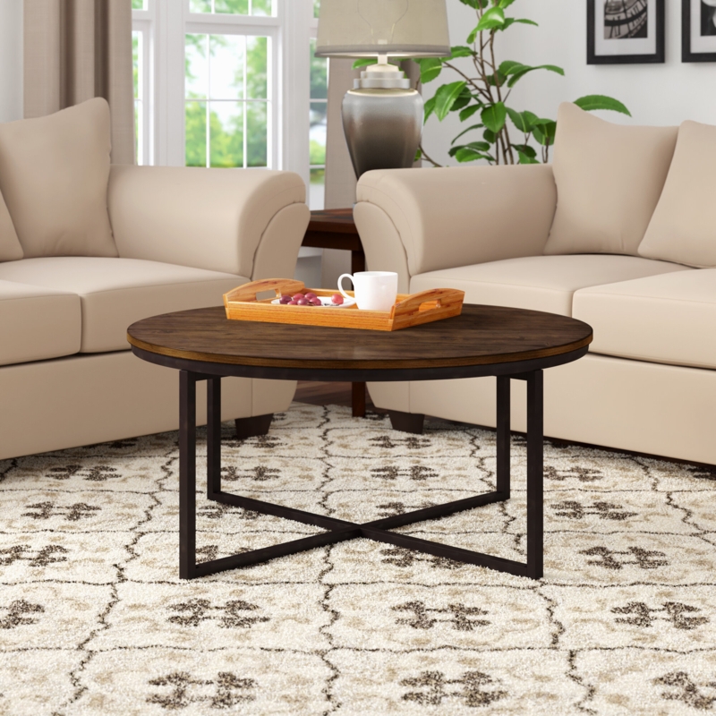 Kersh 42" Rustic Industrial Wooden Metal Frame Crossed Legged Round Coffee Table 