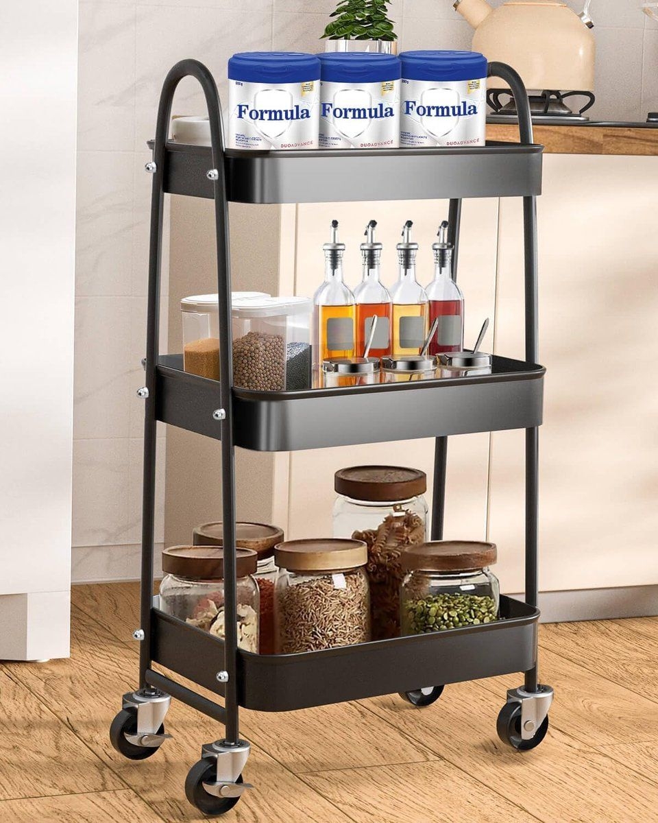 Keukentrolley op wielen - serveerwagen met wielen met 3 niveaus metaal - trolley ideaal als opbergwagen of keukentrolley met wielen, zwart