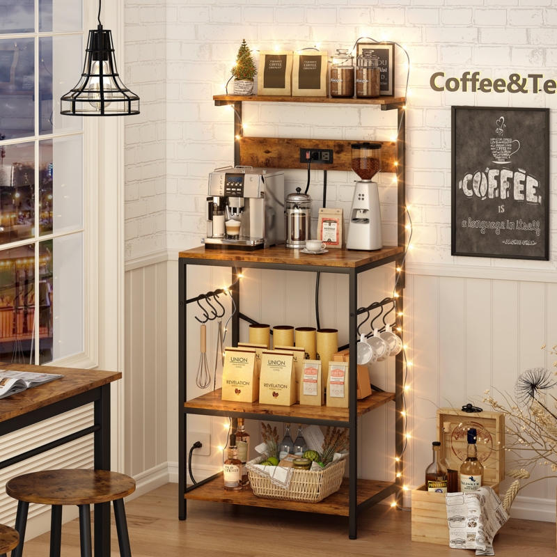 Kickemuit 23.6" Kitchen Bakers Rack Coffee Bar Table Microwave Stand Storage Shelf with Power Outlet, 4 Tiers, 6 S-shaped Hooks