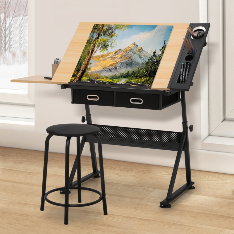 Klea Draft Desk Drawing Table with Stool Set, Height Adjustable Desk Tiltable u0026 Slide-Out Tabletop