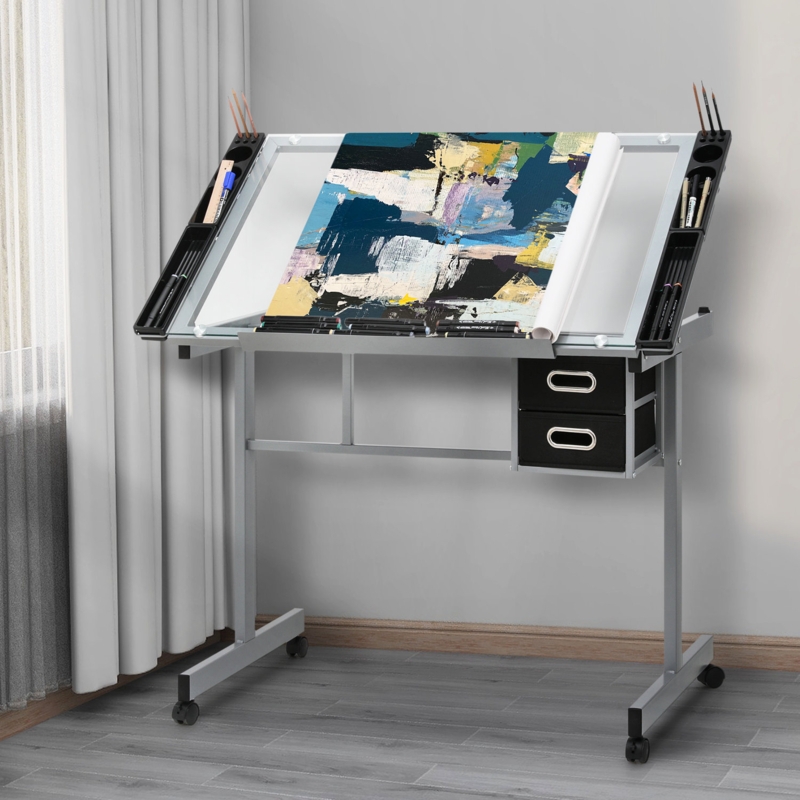 Koltan Adjustable Rolling Drafting Table Tempered Glass Tabletop Painting Work Station