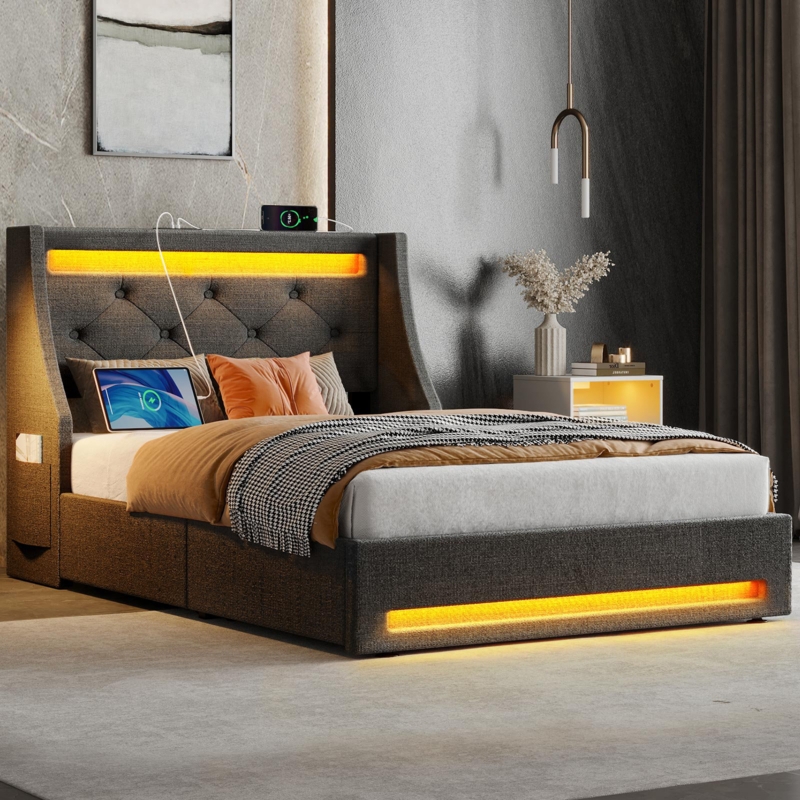 Komor Upholstered Storage Bed with Charging Station and LED Lights