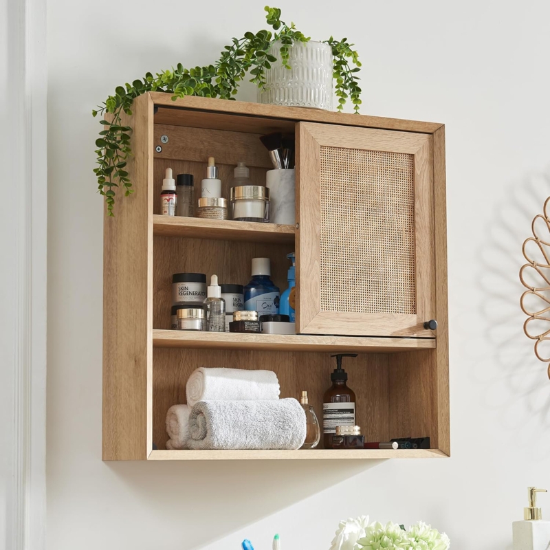 Kueen Rattan Wall Mounted Bathroom Cabinet with Sliding Door u0026 Adjustable Shelves