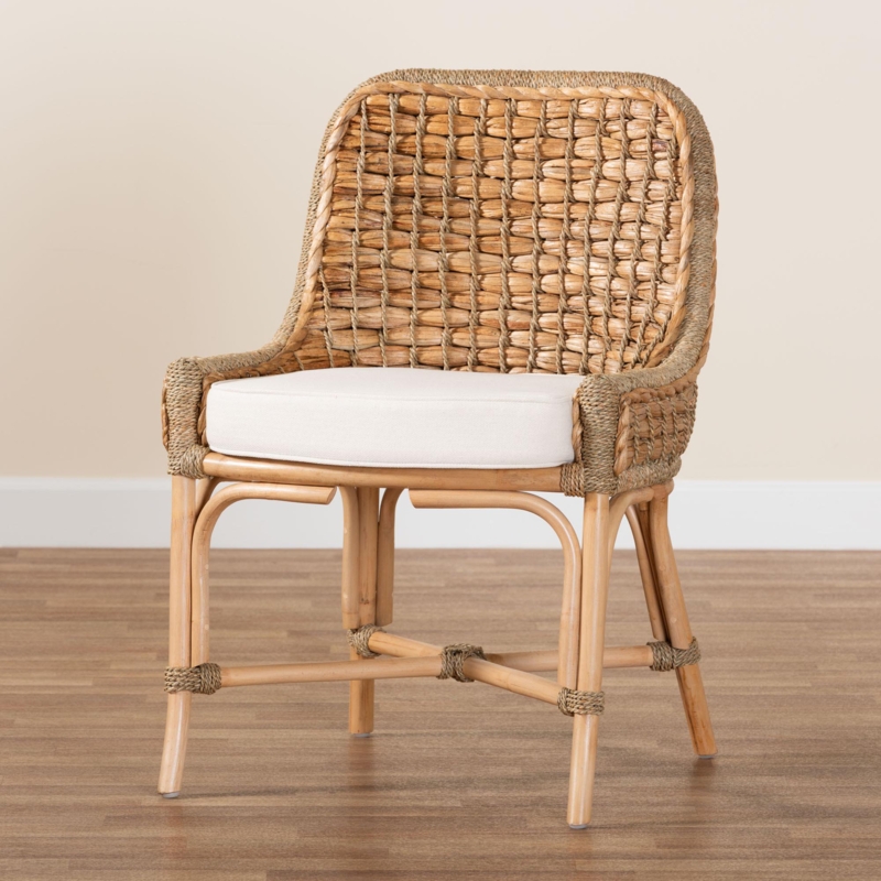 Kyle Modern Bohemian Natural Brown Woven Rattan and Seagrass Dining Side Chair with Cushion