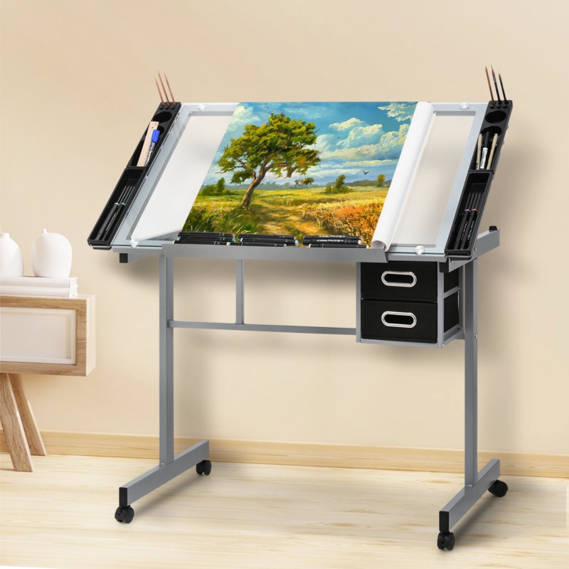 Lachus Craft and Drawing Station, Transparent Tempered Glass Top Drafting Table with Dual Drawers