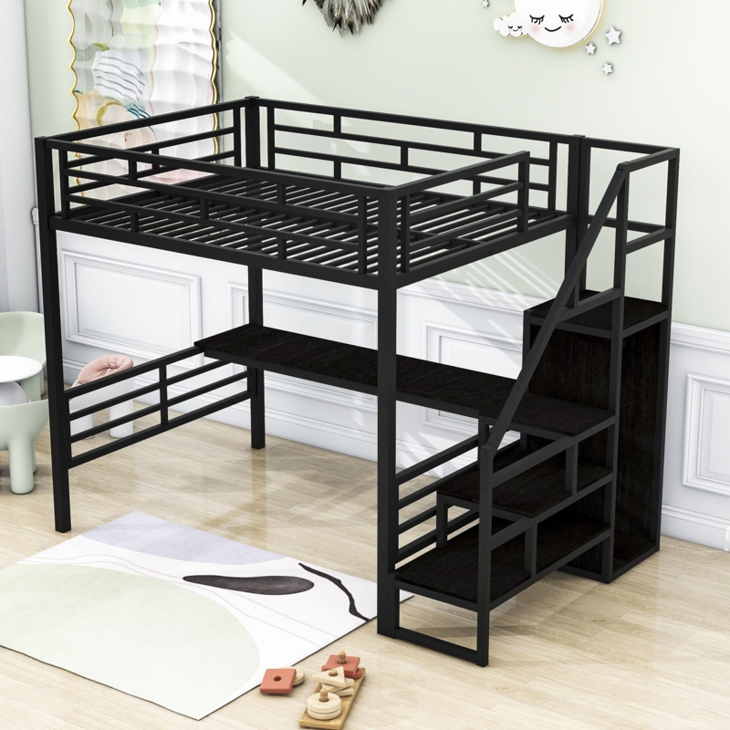 Laci Full Size Metal Loft Bed with Desk,Stair and Wardrobe