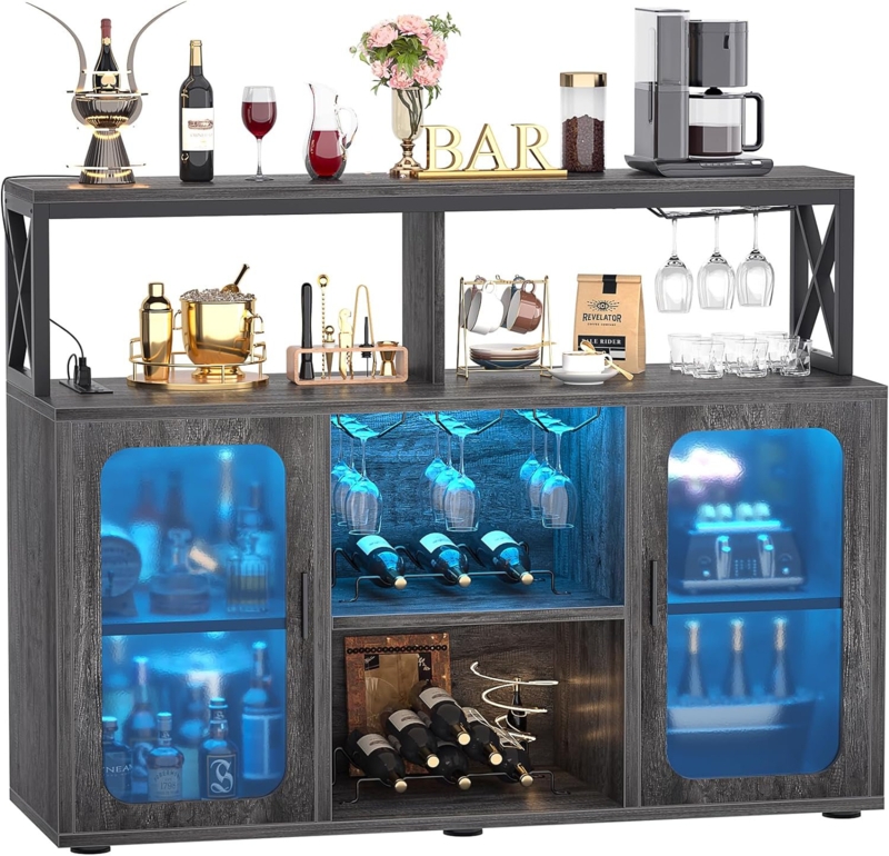 Lakynn 47.2'' Bar Cabinet with Power Outlets, LED Lights and Glass Holder