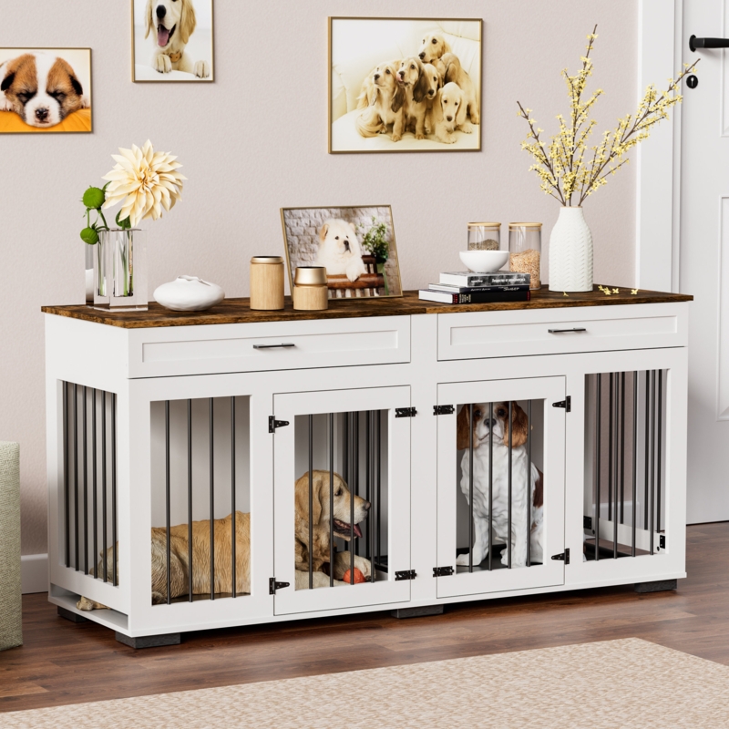 Large Dog Crate Furniture, Wooden Dog Kennel With Room Divider And 2 Tray, Double Doors With Locks, Heavy Duty Dog Kennel Furniture For 2 Large Dogs