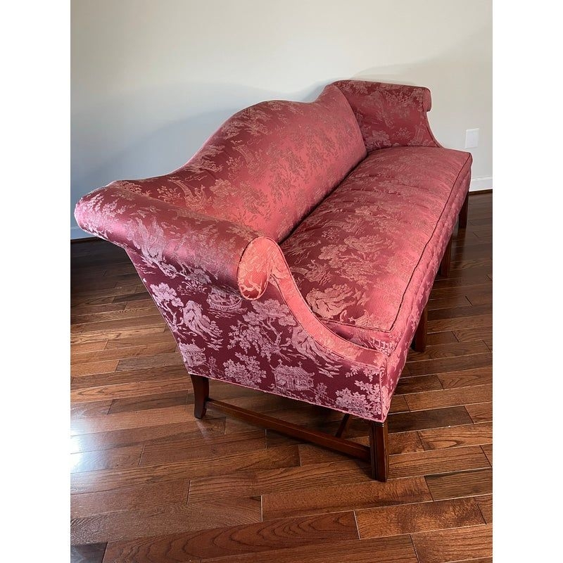 Late 20th Century Chippendale Camel Back Settee Upholstered in Pink Chinoiserie Damask