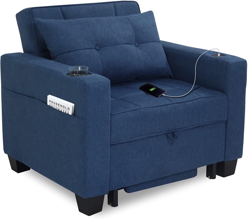 Latitude Run 39" Wide Convertible Chair 3-In-1 Pull Out Sleeper Futon Chair Beds with USB