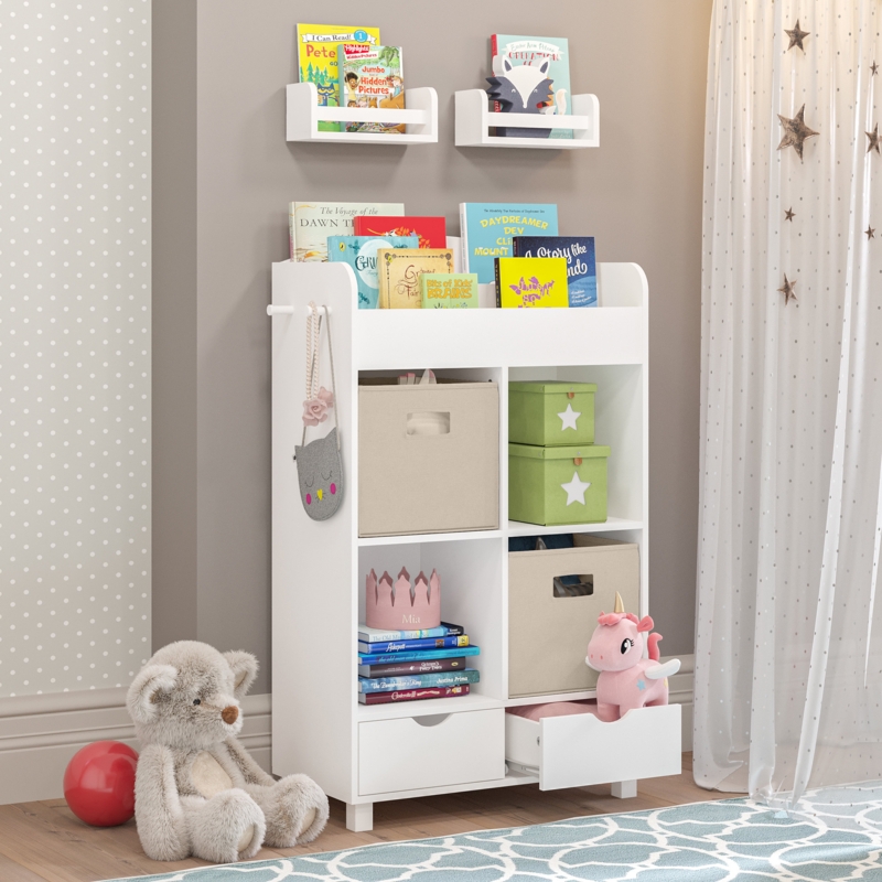 Lehto Book Nook Kids Cubby Storage Cabinet with Bookrack and 2 Pack 10" Book Shelf - White