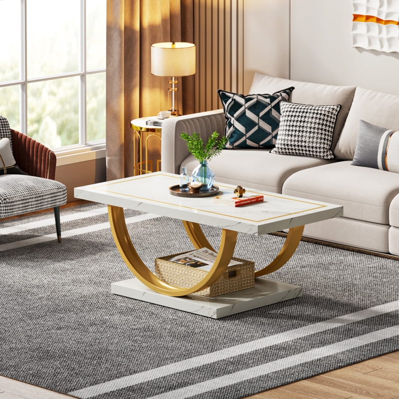 Lokesh White and Gold Low Coffee Table Modern Rectangle Coffee Table