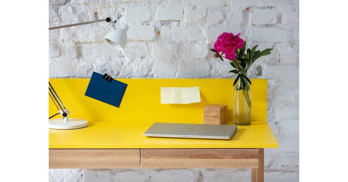 LUKA Essenhout Bureau Met 2 Lades 110x50 cm - Gelakt Paneel - Kabelmanagement - FSC Gecertificeerd - Geel