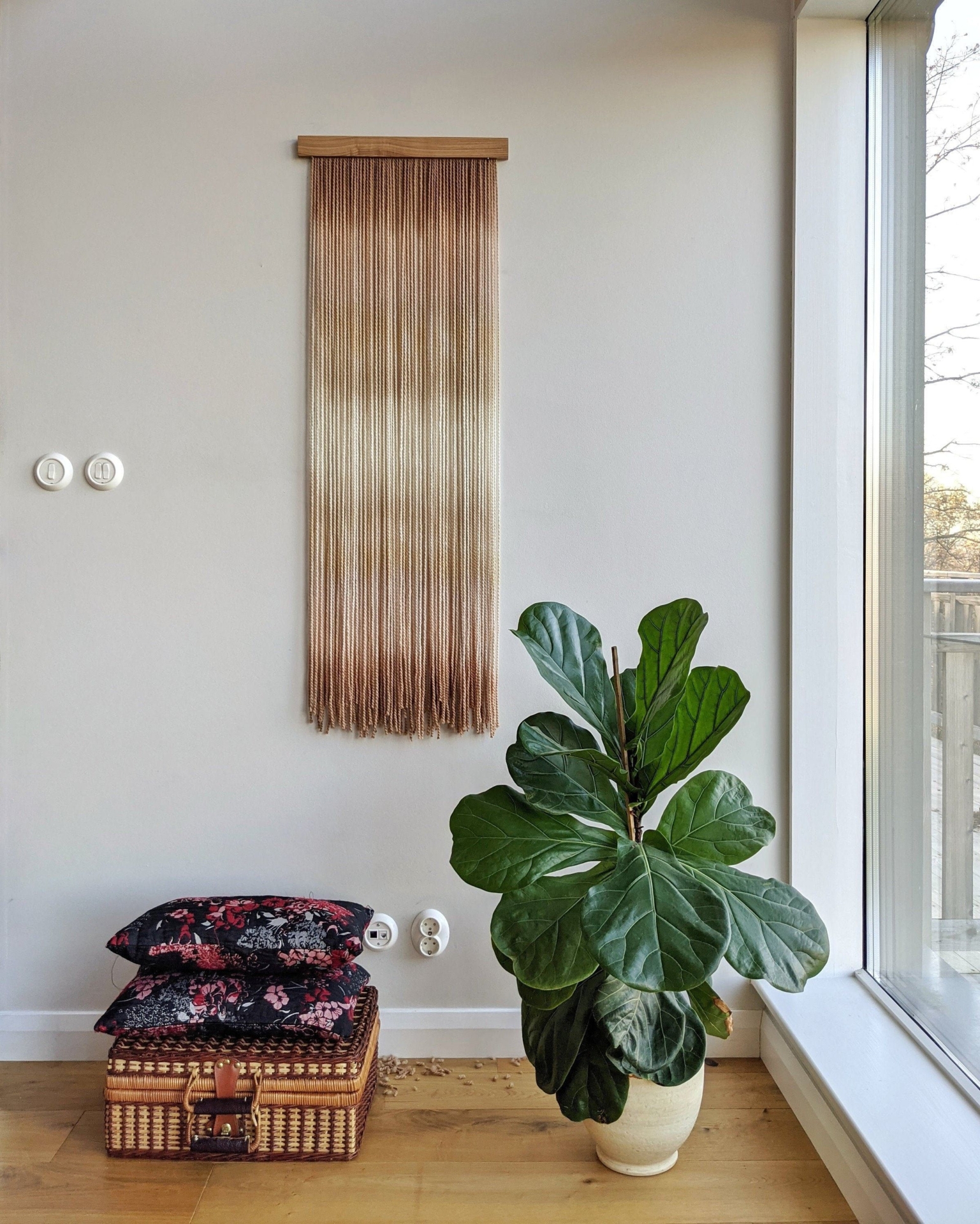 Macrame wall hanging, tall dip dye tapestry, beige wall decoration, modern fiber art, yarn tapestry, long natural wall art