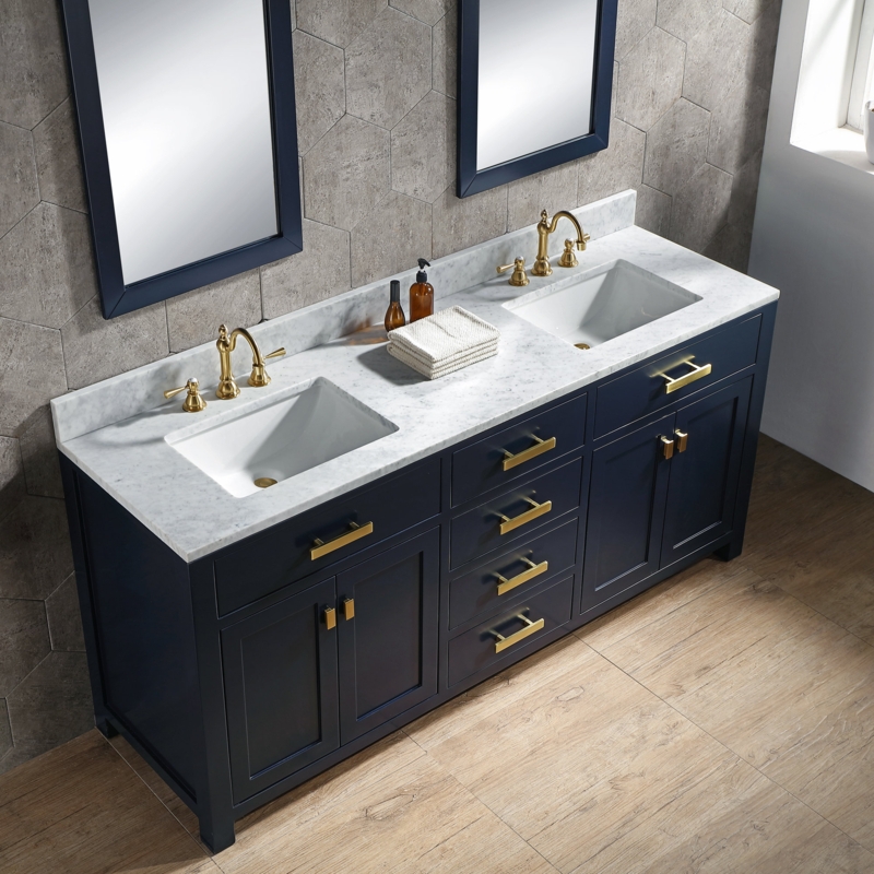 Madison 72" Carrara White Marble Countertop Bath Vanity in Monarch Blue with Mirror