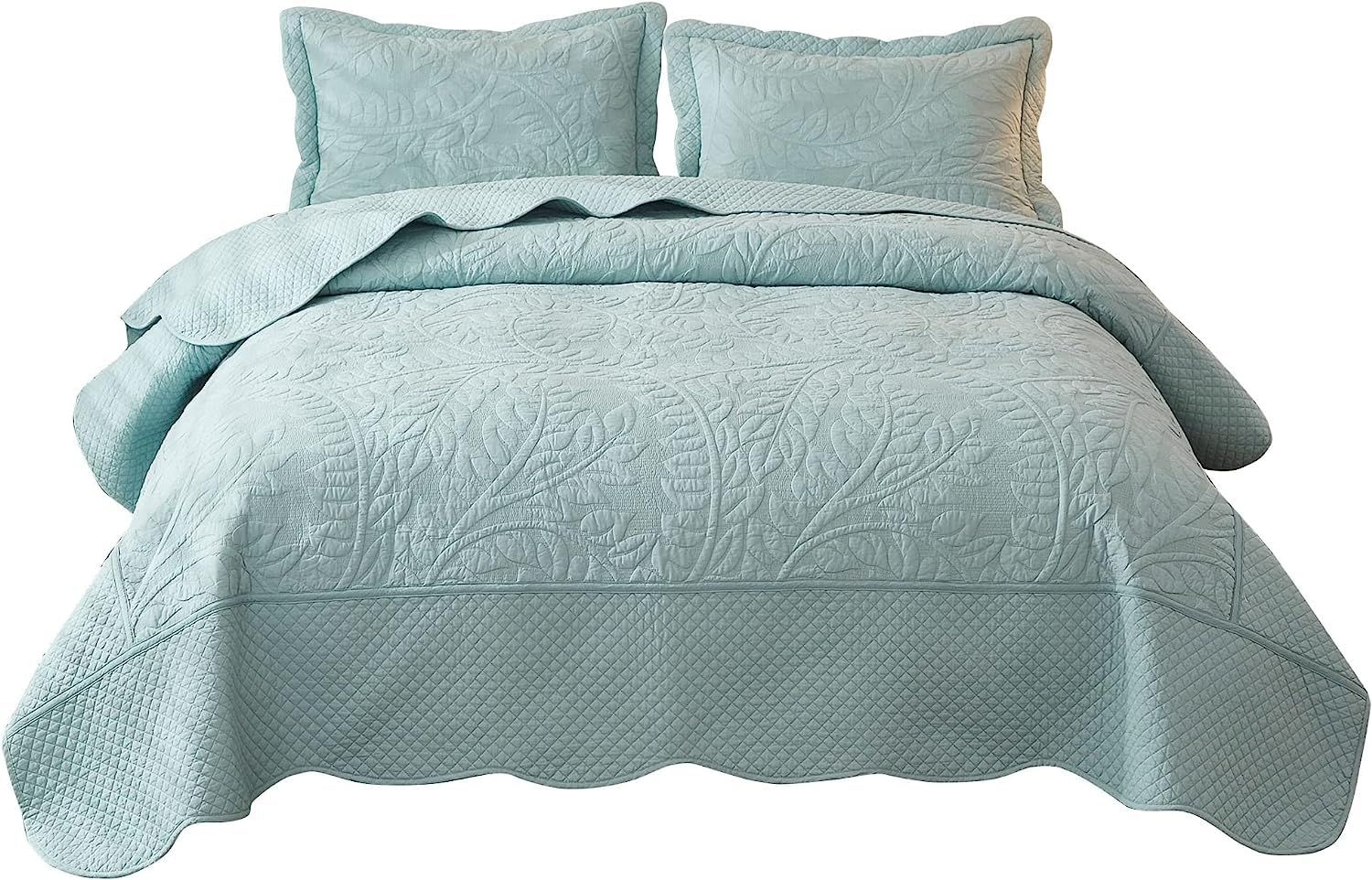 MarCielo 3-Piece 100% Cotton Oversized Bedspread Set Coverlet Set Lightweight Quilt Set Embroidery Farmhouse Bedding Set (Aruba Blue-Mint Green, King (118"x106"))