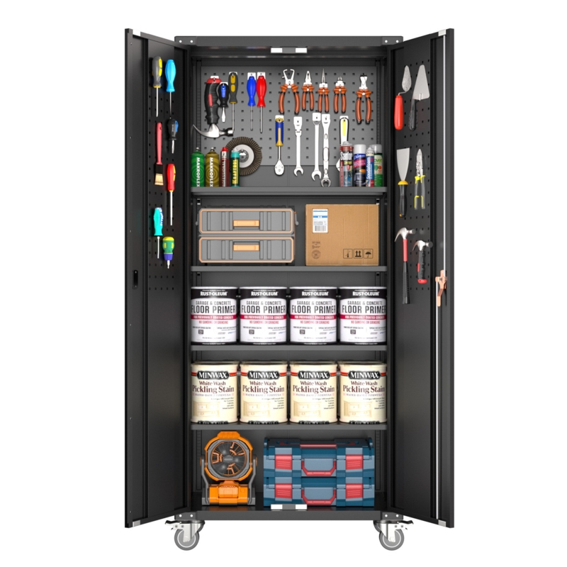 Metal Garage Cabinet with Pegboard and Wheels,Multifunctional Lockable Storage Cabinet with Shelves