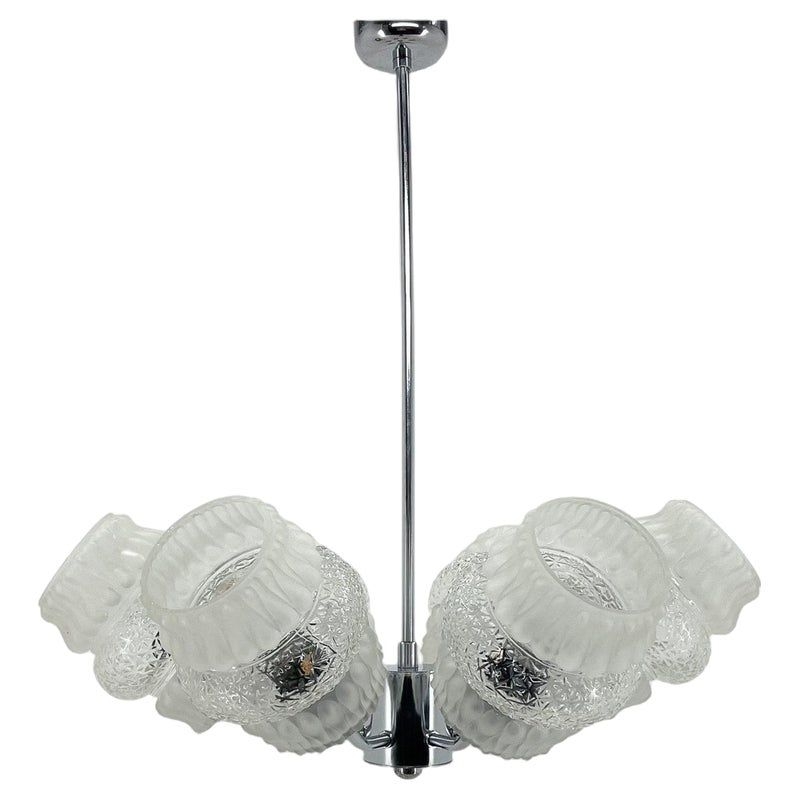 Mid-Century Glass & Chrome Chandelier, 1970s