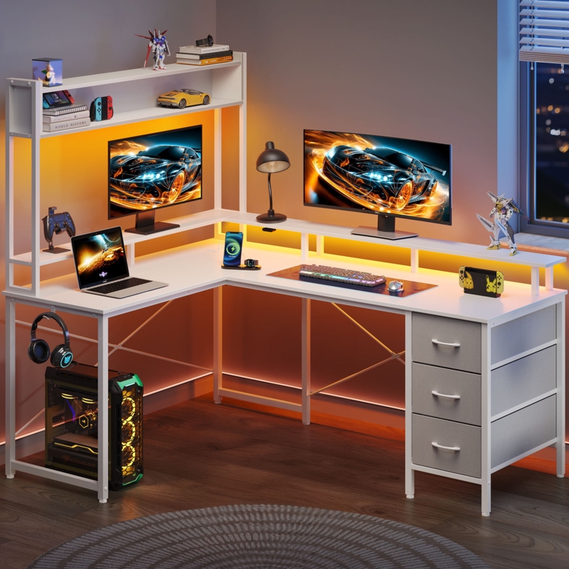 Milya L Shaped Gaming Desk with Drawers, Reversible Office Desk with Hutch and Monitor Shelf