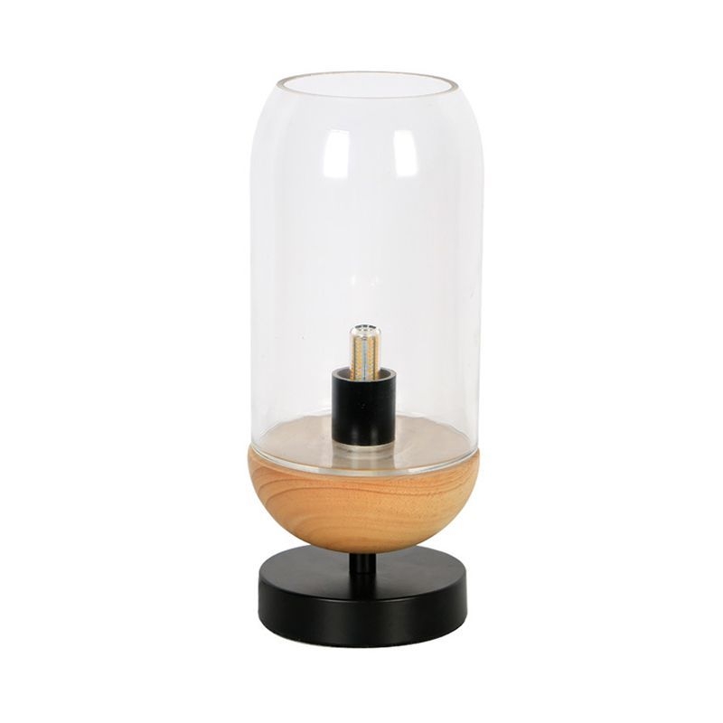 Modern LED Table Lighting Black and Wood Cylinder Small Desk Lamp with Clear Glass Shade - Clear