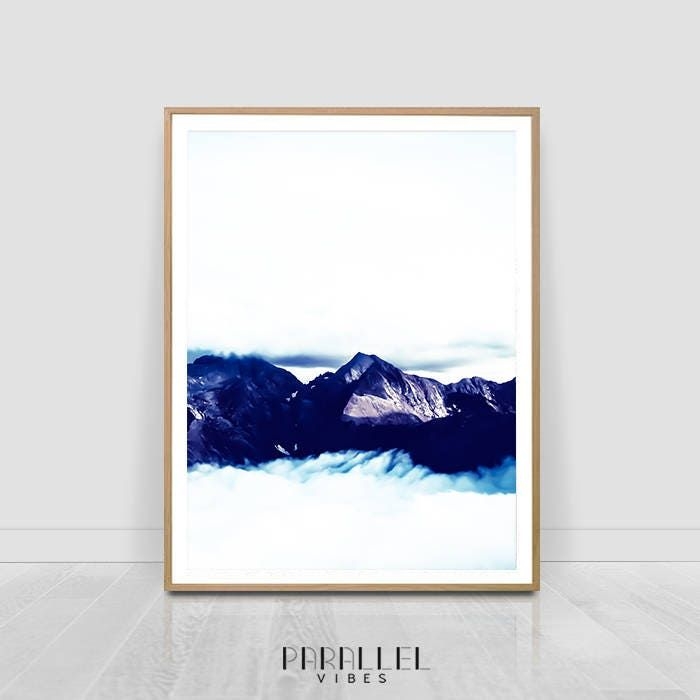Mountain pics above the clouds ,watercolour style, Mountain Print, Printable Art, Nordic art, scandinavian print, Mountain Range