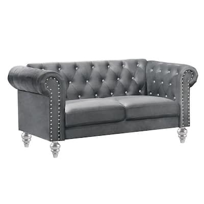 NEW CLASSIC HOME FURNISHINGS Emma 62 in. Gray Polyester 2-Seater Loveseat with Crystal Tufted Back