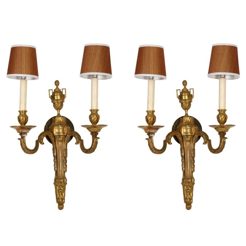 Pair of Gilt Bronze Double Arm Louis XVI Style Sconces