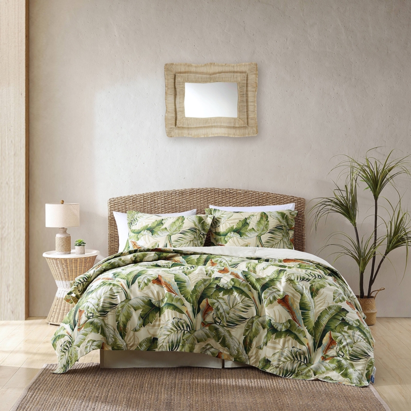 Palmiers Green/Cream 100% Cotton Reversible Tropical 4 Piece Comforter Set