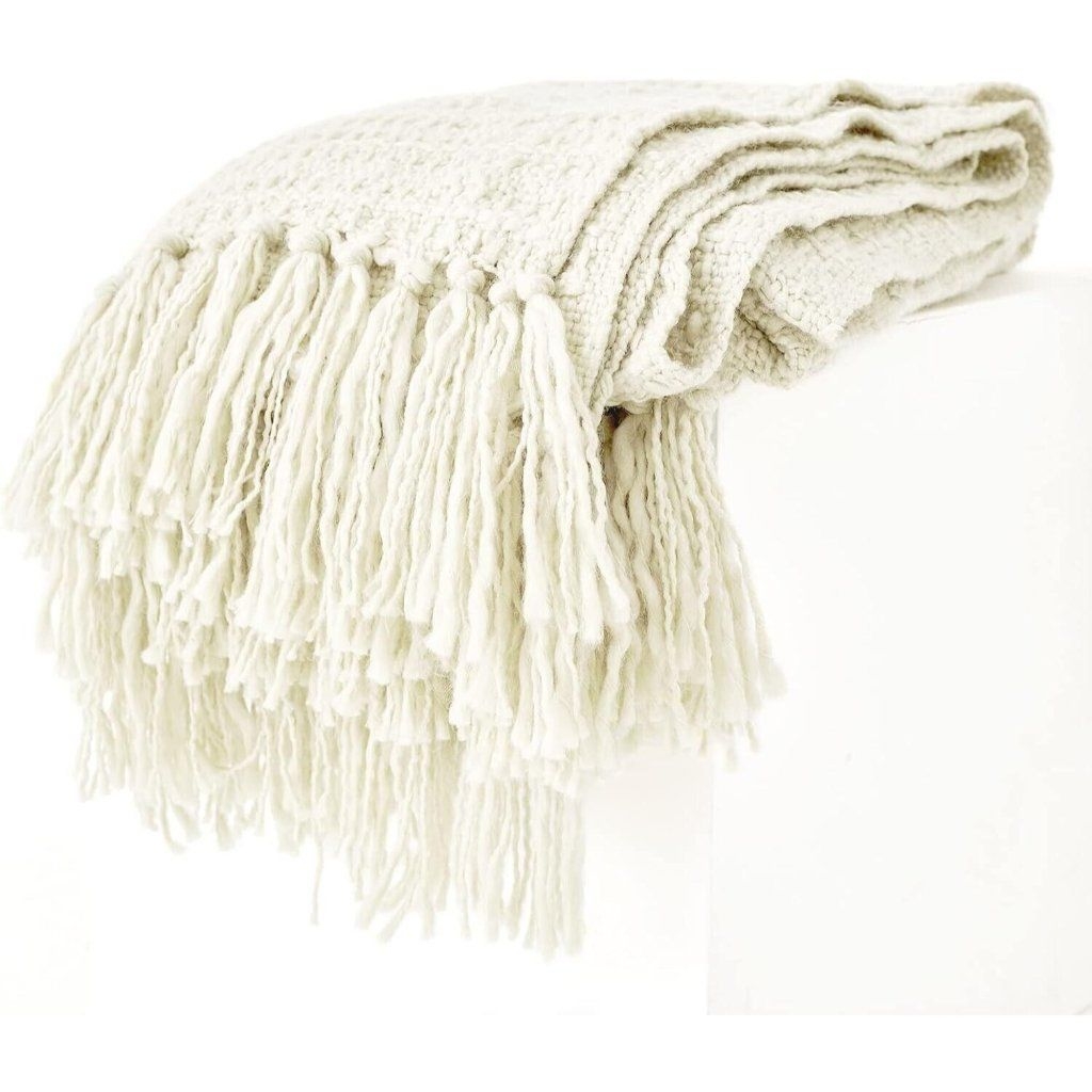 Pandatex Bedding | Pandatex Thick Chunky Cream White Knitted Throw Blanket For Couch Chair Sofa Bed | Color: Cream/Red/White | Size: 50 X 60 In