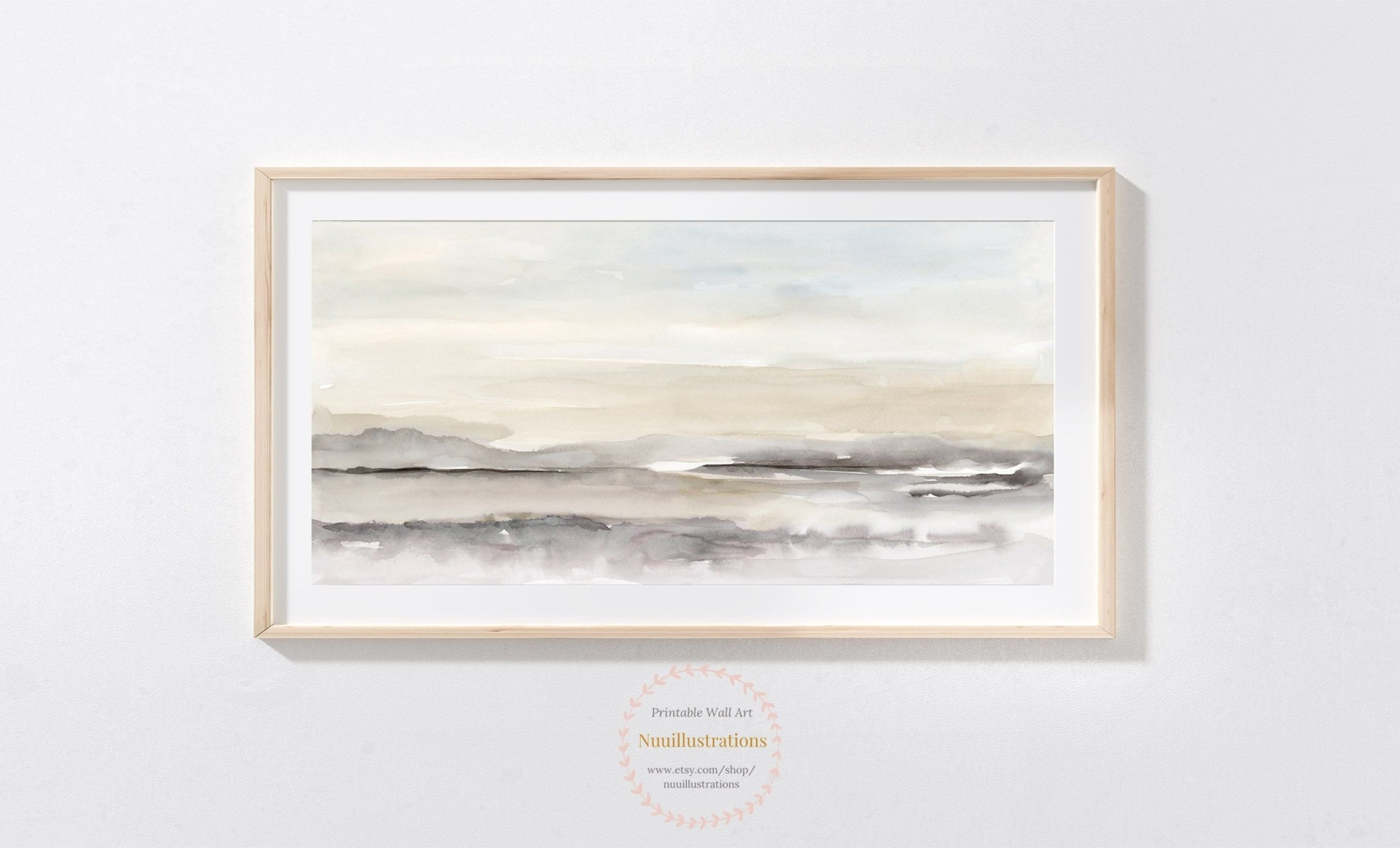Panoramic Neutral Abstract Landscape Printable Wall Art Watercolor Print Digital Download Peaceful River Scenery - Misty Brown Field