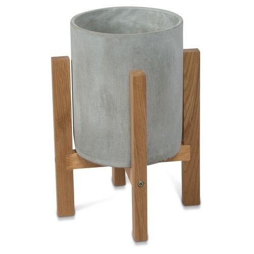 Round Concrete Planter On Wooden Oak Stand Size: Small - Temple & Webster