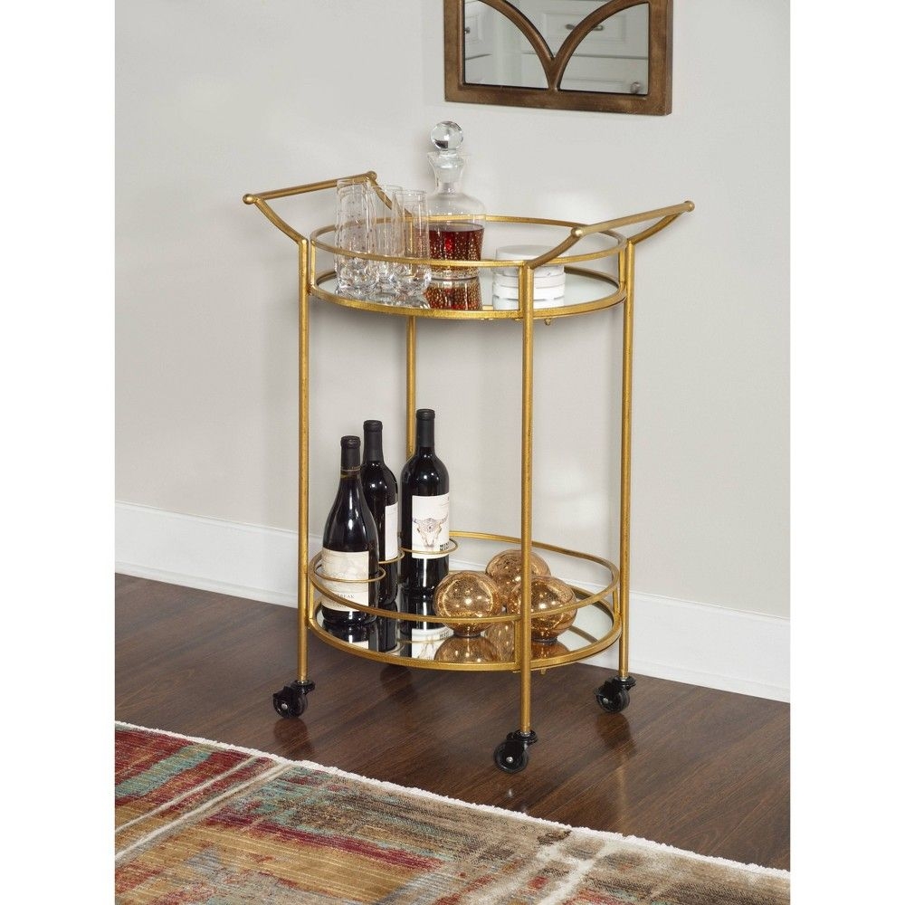 Round Metal Frame 2 Mirrored Glass Shelves 3 Glass and 3 Bottle Holders Locking Wheels Bar Cart Gold - Linon