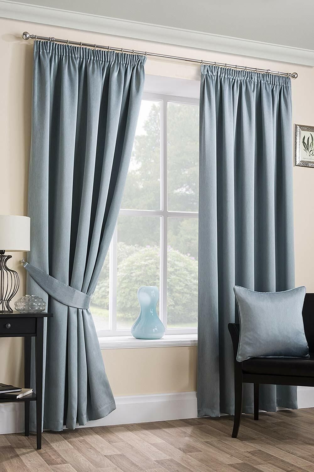 Sateen Woven Blackout 45" X 90" Duck Egg Pencil Pleat Ready Made Curtains