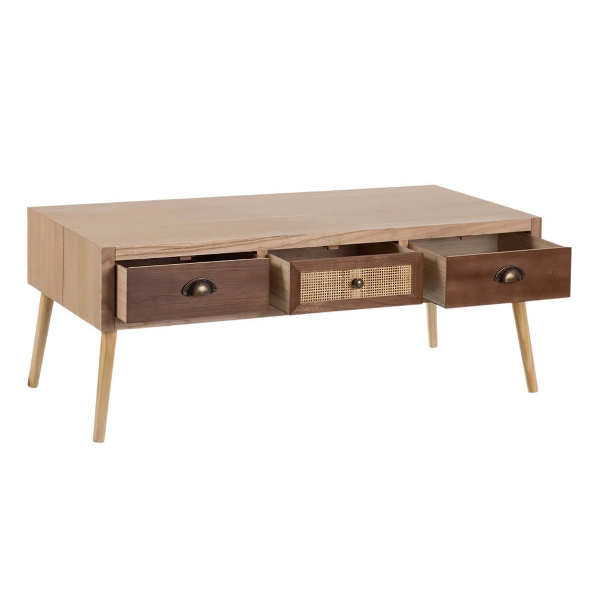 SATO - Table Basse 3 Tiroirs Bois Massif et Faade Rotin