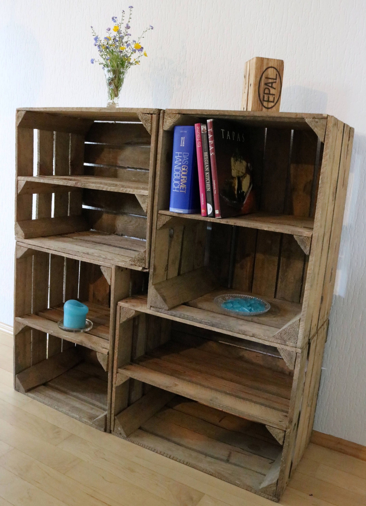 Set of 4 OLD FRUIT Crate with intermediate board wooden box in natural apple crate middle board vintage wall shelf wood rustic decorative shabby shoe rack