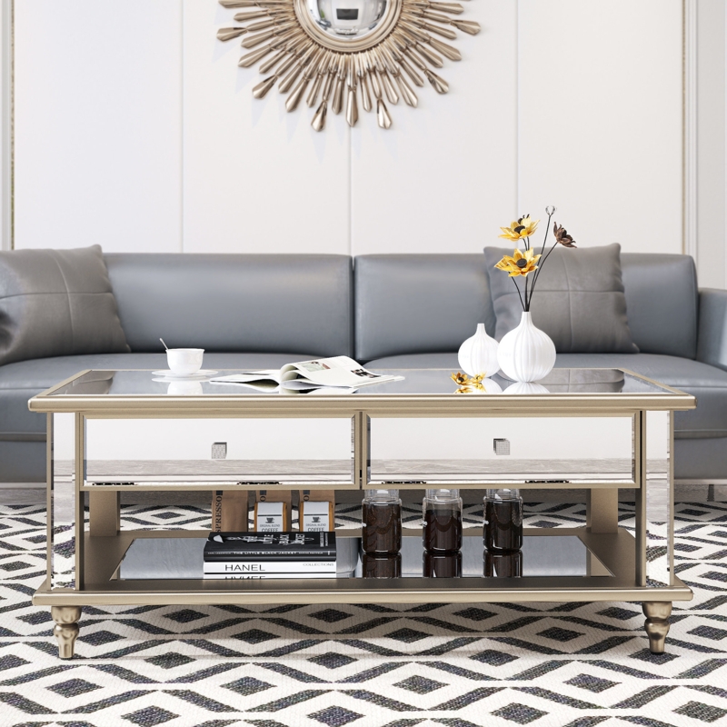 Sharpsburg 47'' Mirrored Coffee Table with 2 Drawers Storage, Glass Coffee Tables for Living Room