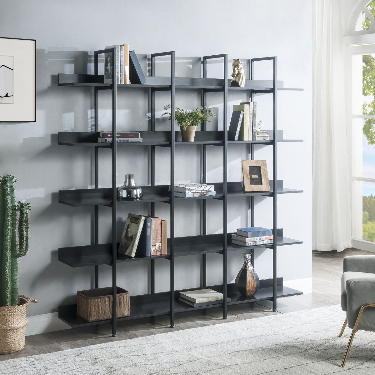 Simplie Fun 5 Tier Bookcase Home Office Open Bookshelf, Vintage Industrial Style Shelf with Metal Frame, MDF Board in Black | Mathis Home