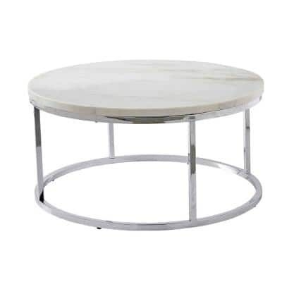 Steve Silver Echo 36 in. White/Chrome Medium Round Marble Coffee Table, White/Crome