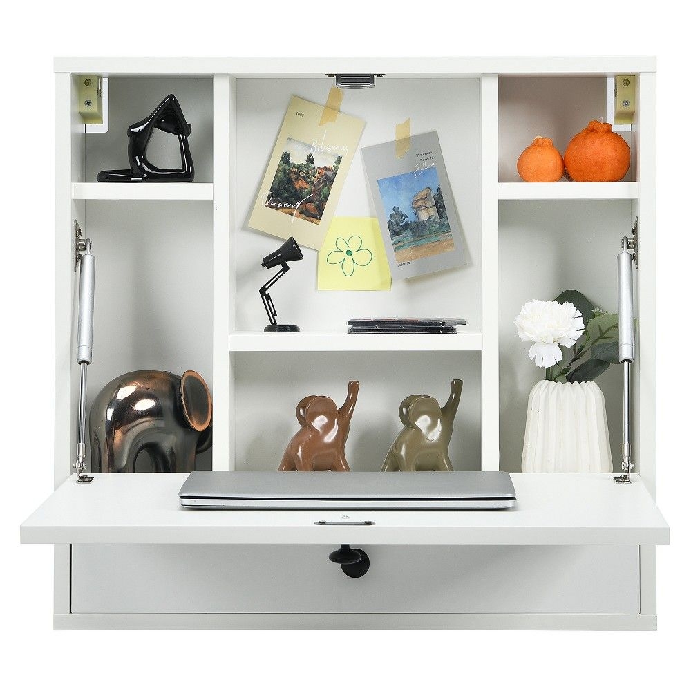 Tangkula Wall Mount Floating Desk Foldable Space Saving Laptop Workstation with Storage Drawer and Shelves White
