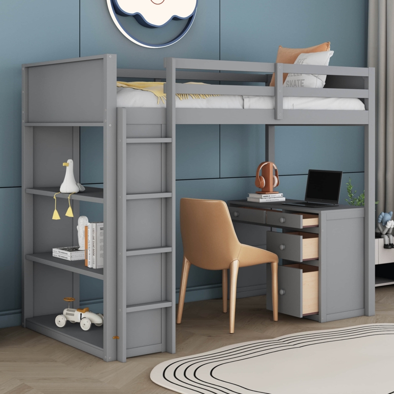 Tansey Loft Bed with L-shaped Desk, Tree Shape Bookcase