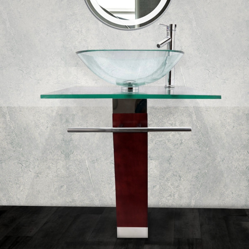 The Renovators Supply Inc. Bohemia 27.5'' Tall Clear/Green Glass Square Pedestal Bathroom Sink with Faucet