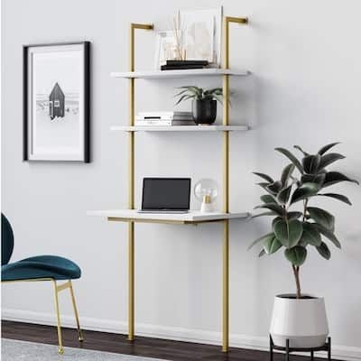 Theo 73 in. White Wood and Gold Brass Metal 2-Shelf Wall-Mount Ladder Writing Desk Table Small Computer Table Bookcase